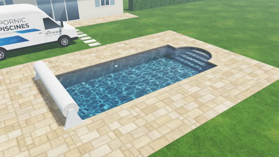 Demain : la piscine rénovée, PVC armé Granit Grey, terrasse en travertin noce et volet hors-sol